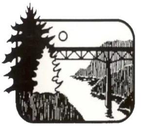 Monochrome sketch of the bridge spanning the mouth of Noyo River at sunset, with an overlaid representation of two redwood trees in the upper left corner