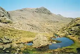 A small lake with a mountain in the background