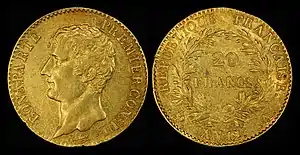 A 20-franc Napoléon from the latter part of 1803, also known as An 12. N.B. the French Revolutionary calendar began in September with the Revolution and therefore each Revolutionary year falls into two Gregorian calendar years.