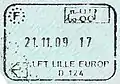 Exit stamp from the Schengen Area issued by the French Border Police at Lille-Europe station. ('LFT' stands for 'Liaison fixe transmanche' (literally: cross-Channel fixed link))