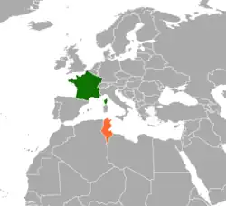 Map indicating locations of France and Tunisia