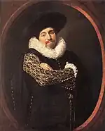 Hofstede de Groot catalog entry 287 (also located at Chatsworth House, this painting is attributed to Hals, but Hofstede de Groot rejected it as a pendant to this portrait)