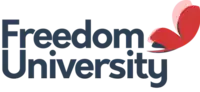 Freedom University with a red butterfly in the upper right-hand corner