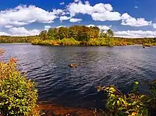 A sunny lake with an island and shore covered in autumnal foliage under a blue sky with some clouds