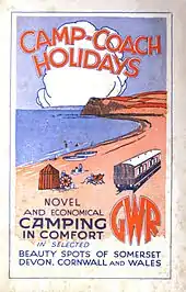 A stylised painting of a coast line in red and blue with the sea on the left and a railway coach on the right. At the top is the title "Camp-Coach Holidays", and at the bottom it says Novel and economical camping in comfort in selected beauty spots of Somerset, Devon, Cornwall and Wales"."