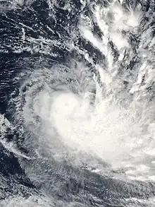 An image of a Tropical Cyclone to the east of Fiji. The Cyclone has a poorly defined eye with convection wrapping around the center