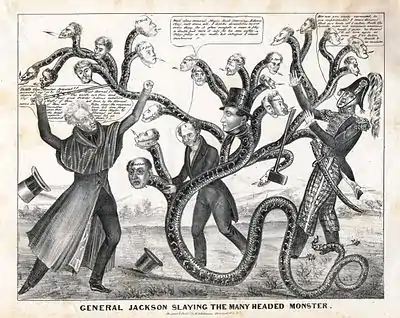 Black ink on white paper displaying a multi-headed hydra with heads of white men battling three standing white men with word bubbles and a caption