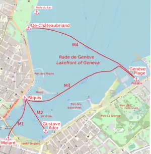 The four lines cross the western end of Lake Geneva