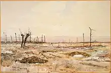 a watercolours landscape painting in earth tones showing shell holes with a couple of trees without leaves.