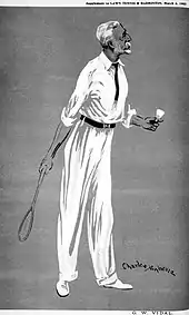 Drawing of a tall thin man wearing white with a small beard holding a badminton racket and shuttlecock.