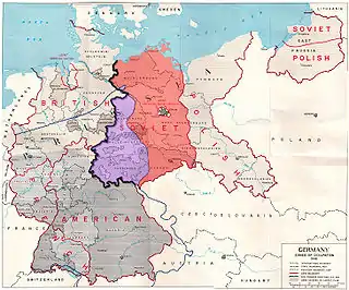 Map showing the Allied zones of occupation in post-war Germany, as well as the line of U.S. forward positions on V-E Day. The south-western part of the Soviet occupation zone, close to a third of its overall area, was west of the U.S. forward positions on V-E day and is marked in purple; the other two-thirds of the Soviet occupation zone are marked in red.