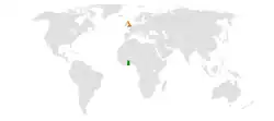 Map indicating locations of Ghana and United Kingdom