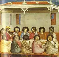 Giotto Scrovegni Chapel, 1305, with flat perspectival haloes; the view from behind causes difficulties, and John's halo has to be reduced in size.