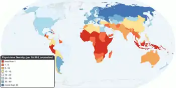 Image 55Global concentrations of health care resources, as depicted by the number of physicians per 10,000 individuals, by country. Data is sourced from a World Health Statistics 2010, a WHO report.[needs update] (from Health care)