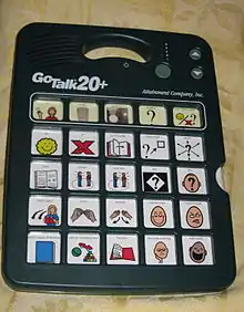 an electronic device with speakers and a slot to insert cards that have new sets of symbols on them. The current card has 25 symbols that relate to book reading