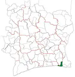 Location in Ivory Coast. Grand-Bassam Department has retained the same boundaries since its creation in 1998.