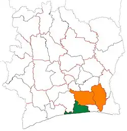 Location of Grands-Ponts Region (green) in Ivory Coast and in Lagunes District