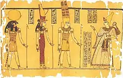 Ramesses III talking with the Theban Triad: Amun, Mut and Khonsu. The ‘Great Harris Papyrus’ at the British Museum, c. 1150 BC. Image taken from the book The Search for Ancient Egypt (p. 91) by Jean Vercoutter.