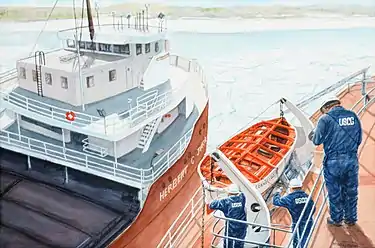 USCG Marine Safety Detachment inspectors in Sturgeon Bay conduct a safety inspection on the iron ore carrier Adam E. Cornelius. The Cornelius, like the Herbert C. Jackson pictured on the left, is a laker due for its annual inspection before leaving the shipyard.