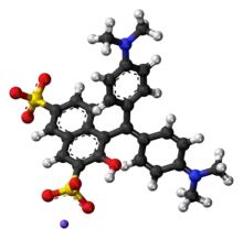 Ball-and-stick model of Green S as a sodium salt