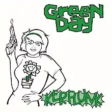 a white picture (with some green added in) of a teenage girl wearing a flower shirt holding a smoking gun.