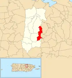 Location of Guaraguao Abajo within the municipality of Bayamón shown in red