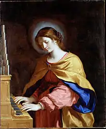 Saint Cecilia, patron saint of music,  depicted playing the pipe organ