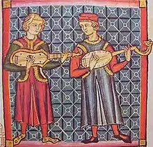 Al Andalus, Cantigas de Santa Maria, European musicians playing lute family instruments, possibly (left) citoles or guitarra latina and (right) guitarra morisca