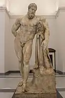 The Farnese Hercules, probably an enlarged copy made in the early 3rd century AD and signed by a certain Glykon, from an original by Lysippos (or one of his circle) that would have been made in the 4th century BC; the copy was made for the Baths of Caracalla in Rome (dedicated in 216 AD), where it was recovered in 1546