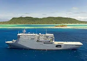 HMNZS Canterbury with a large aftdeck for helicopters.