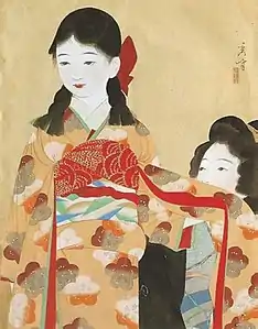 Stylized illustration of a woman dressing a girl in a kimono