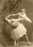 Olga Preobrazhenskaya as Columbine and Anatole Oboukhoff as Harlequin in  their costumes for the Grand pas des alouettes of Act II. St. Petersburg, 1913.