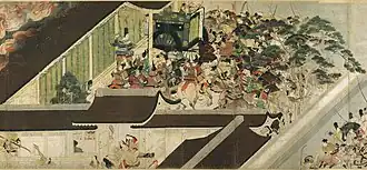 Horizontal wall in the foreground with warriors killing civilians at the bottom. In the background, a diagonal wall, a troop of warriors, a coach entering by a door of the wall. Flames appear at the top left.