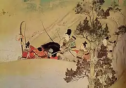 A tree in the foreground. Five or six warriors including a rider underway in the background.