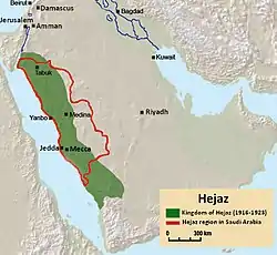 Map of the Hejaz showing the cities of Mecca, Medina, Jeddah, Yanbu and Tabuk. The Saudi region is outlined in red and the 1923 Kingdom is in green.