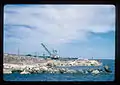 View south of Dike during United States Army Corps of Engineers rehabilitation. Lake Okeechobee is to the right. Canal Point, Florida, 1968.