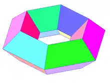 Density of a genus 1 toroidal polyhedron is zero, like this hexagonal form:v=24, e=48, f=24.