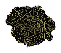 Three-color three-state turmite on a hexagonal grid, growing chaotically with a distinctive texture before getting stuck in a periodic loop after approximately 194150 steps.