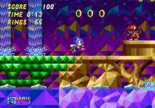 Sonic runs through ancient ruins with an emerald-colored bridge and golden platforms. Waterfalls flow behind him, water sits beneath him, Tails stands behind him, and a dinosaur robot walks in front of him.