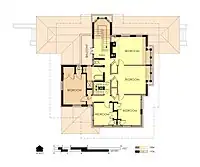 Hills House Second Floor Plan in 1906.  Outline of the earlier house is shown in yellow.