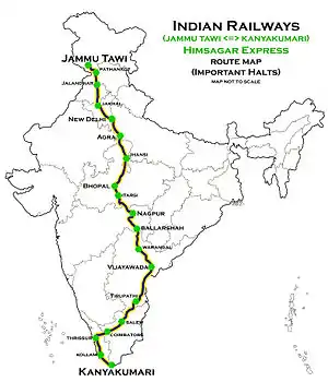 Himsagar Express (Jammu Tawi–Kanyakumari) route map