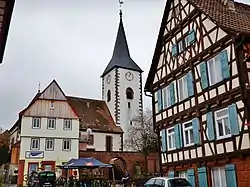 Hindenburgstraße, with St. Maurice's Church, Wiernsheim [de] visible