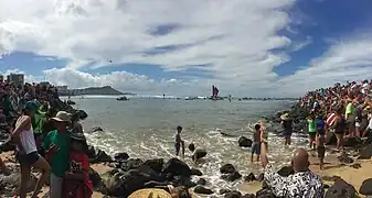 Thousands line the channel to welcome Hōkūle'a home from her worldwide voyage in June 2018