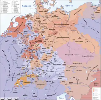 Distribution of Protestantism and Roman Catholicism in Central Europe on the eve of the Thirty Years' War (1618) Crypto-Protestants are not shown.