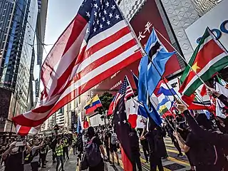 Protesters waving flags from various countries