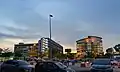 The hospital at dusk. Seen here on the left is the main block, while the KRIBA is on the right.