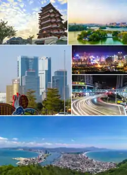 Top：Hejiang Tower, Huizhou West Lake,Middle：Jiangbei skyline, Huicheng District at nightBottom：Shuangyue Bay