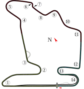 A track map of the Hungaroring circuit. The track has 16 corners, which range in sharpness from hairpins to gentle, sweeping turns. There are three long straights that link the corners together. The pit lane splits off from the track on the inside of Turn 16, and rejoins the track after the start-finish straight.