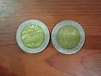 Two "Kelapa Sawit" (oil palm) bi-metallic Rp1,000 coins, with the second one being minted in 1996