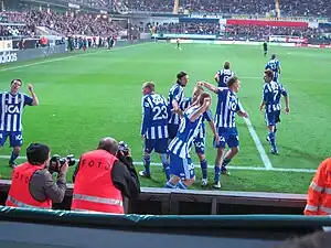 IFK players celebrate a goal against Örgryte on Gamla Ullevi, 20 April 2009.